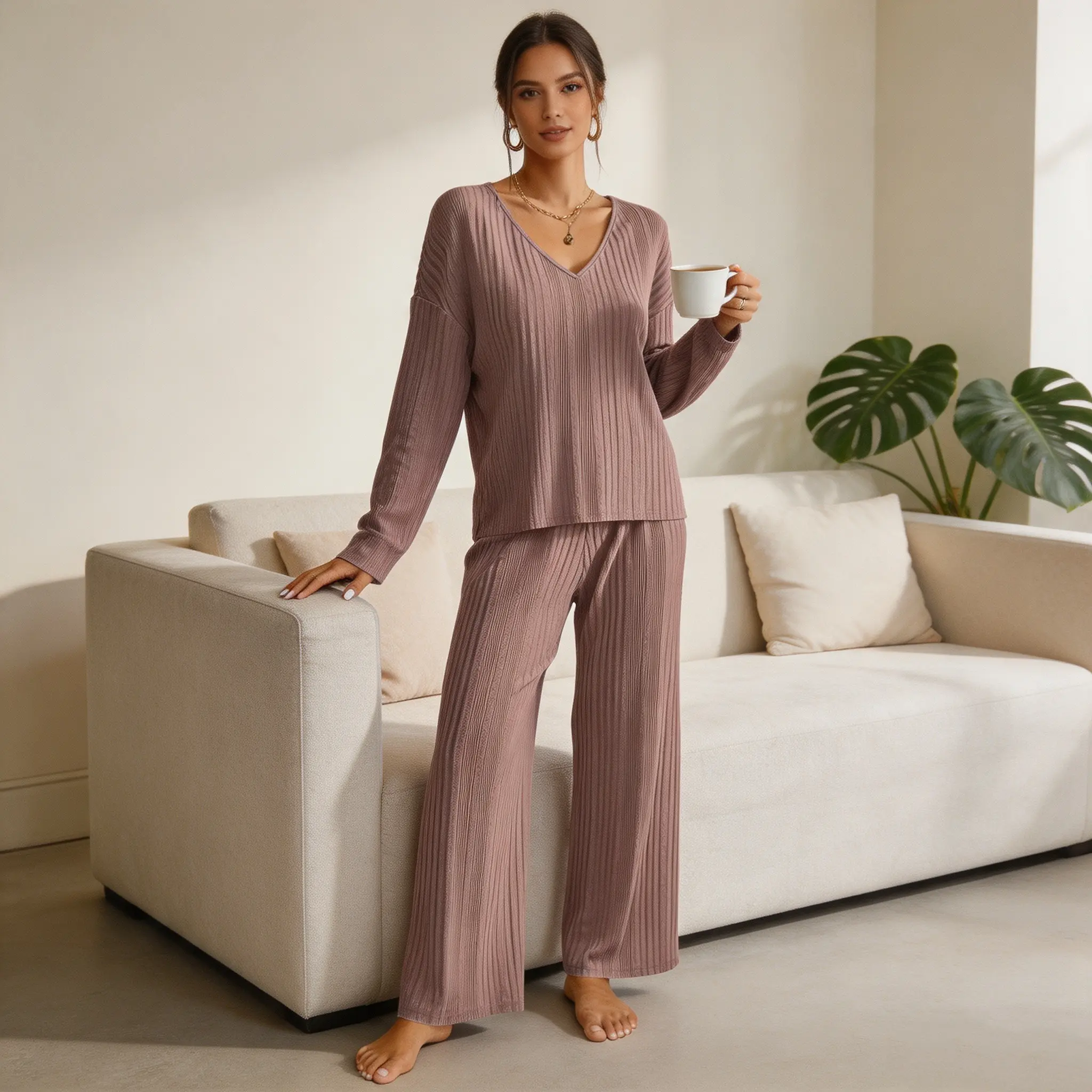 Women’s Ribbed Knit Pajama Set, Soft V Neck Long Sleeve Loungewear 2 Piece Outfit, Cozy Sleepwear Set for Home & Lounge