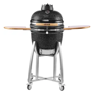 VEVOR Charcoal Smoker and Grill, 18" Kamado Charcoal BBQ Smoker, Movable Ceramic Barbecue Grill with 4 Wheels (2 Lockable), Built-in Thermometer, Air Vents & Side Shelf for Outdoor Patio Yard Cooking