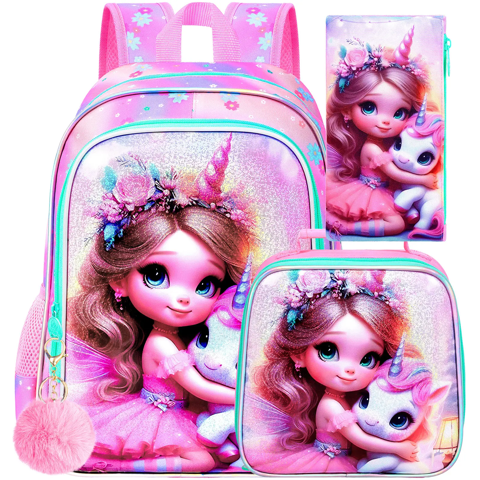 3PCS Unicorn Backpack for Girls, 16" Kids Bookbag with Lunch Box, Water Resistant Elementary School Bag for Prechool Toddler