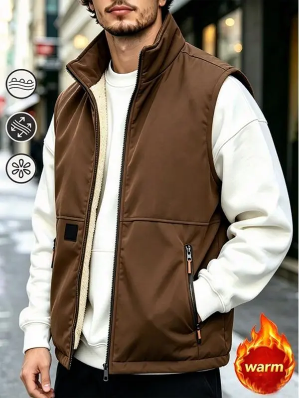 Men’s warm sleeveless jacket, casual athletic stand-collar fleece vest with zippered pockets—ideal for outdoor sports in cold weather to keep your core body warm and for everyday activities; suitable for outings, travel, camping, cycling, and more.