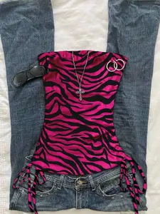 Attitoon Women's Ruched Tied Leopard Print Cami Top, Sleeveless Zebra Print Top Pink Zebra Top Zebra Print Clothes Animal Print Top Pink And Black Top Goth Suitable For Going Out