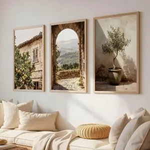 3 Pieces Optional Wooden Frame Olive Tree Shadow Vase Poster Art Waterproof Cafe Bar Room Wall Decor Wall Poster Retro Poster Personalized Style