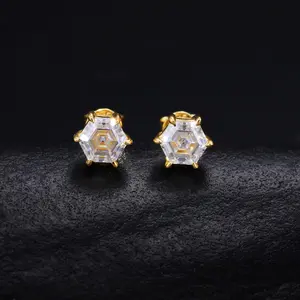S925 Silver D Color Synthetic Moissanite Hexagon Six Prong Stud Earrings Minimal Versatile Fashion Jewelry