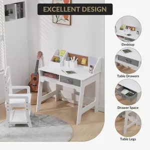 Garvee Compact Study Desk and Adjustable Chair Set with 2 Open Drawers, Hutch, Corkboard, and Pen Holders - Wooden Student Homework Table in White