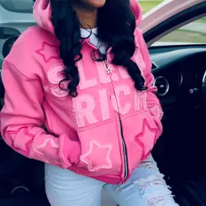 Pink Sleep Rich Star Jacket with Hood and Zipper Closure for Women or men