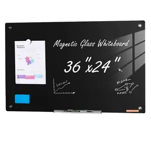 Magnetic Glass Whiteboard, Dry Erase Board 36x24, Wall-Mounted Large White Glassboard Frameless, with Marker Tray, an Eraser and 2 Markers, Black