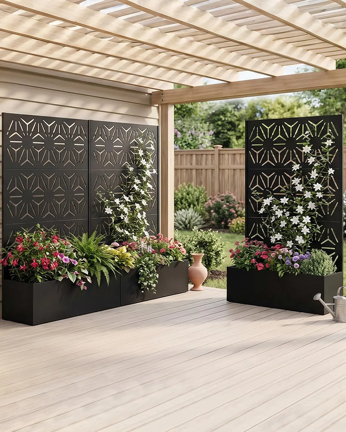 Garvee Metal Planter Box with Trellis, 71" H x 44" W – Outdoor Raised Garden Bed – Privacy Screen & Drainage Holes – All-Weather Black Patio Planter for Climbing Plants, Vegetables, Vines – Louvered Leaf Star Design – Big Flower America