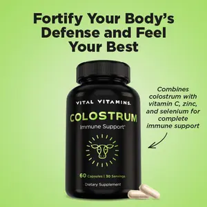 Colostrum Dietary Supplement | Immune Boost with Vitamin C, Zinc & Selenium | Grass-Fed Bovine Colostrum, Standardized 10% IgG Immunoglobulins | Gut, Recovery & Wellness Support | 60 Capsules