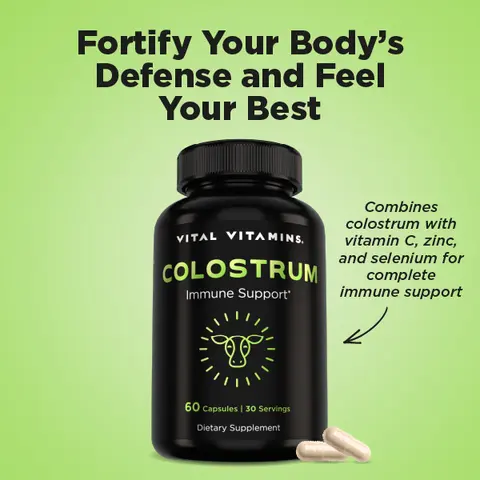 Colostrum Supplement - Vitamin C, Zinc, & Selenium - from First Milking - Standardized to Contain 10% IgG Immunoglobulins - Grass-Fed American Cows - 60 Capsules