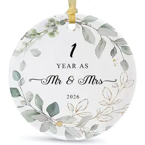 Our First Christmas Married Ornament 2026,Wedding Gifts for Couples Unique Decoration,First Year Newlywed Mr and Mrs Hanging 2.9" Ceramic Round Ornament 2.9”