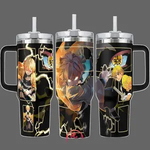 Zenitsu Agatsuma Demon Slayer Thunder Breathing Stainless Steel Insulated Travel Tumbler With Handle 20oz 40oz Anime Lightning Wrap Design Skinny Tumbler