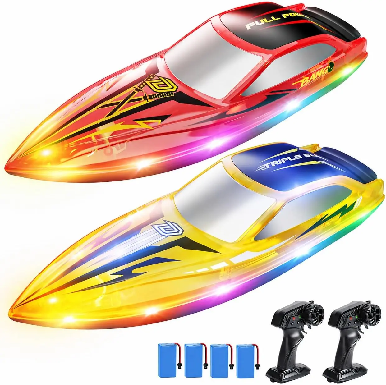 DEERC 2-Pack RC Boats for Kids, 120 Min Runtime, 7 LED Lights Mode | Capsize Recovery, Fast Remote Control Boat with 4×1200mAh Batteries, 2.4GHz Racing, Pool & Lake Toy