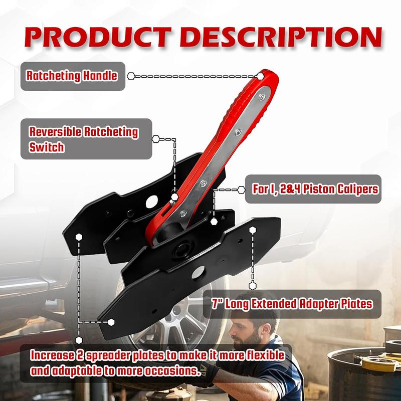 Piston Compressor Kit with 2 Steel Plates & 4 Caliper Hooks,Brake Caliper Compression Tool with 360° Ratchet,  Fits Single Twin Quad Sextuplet Disc Brakes, Red Brake Caliper Press Tool