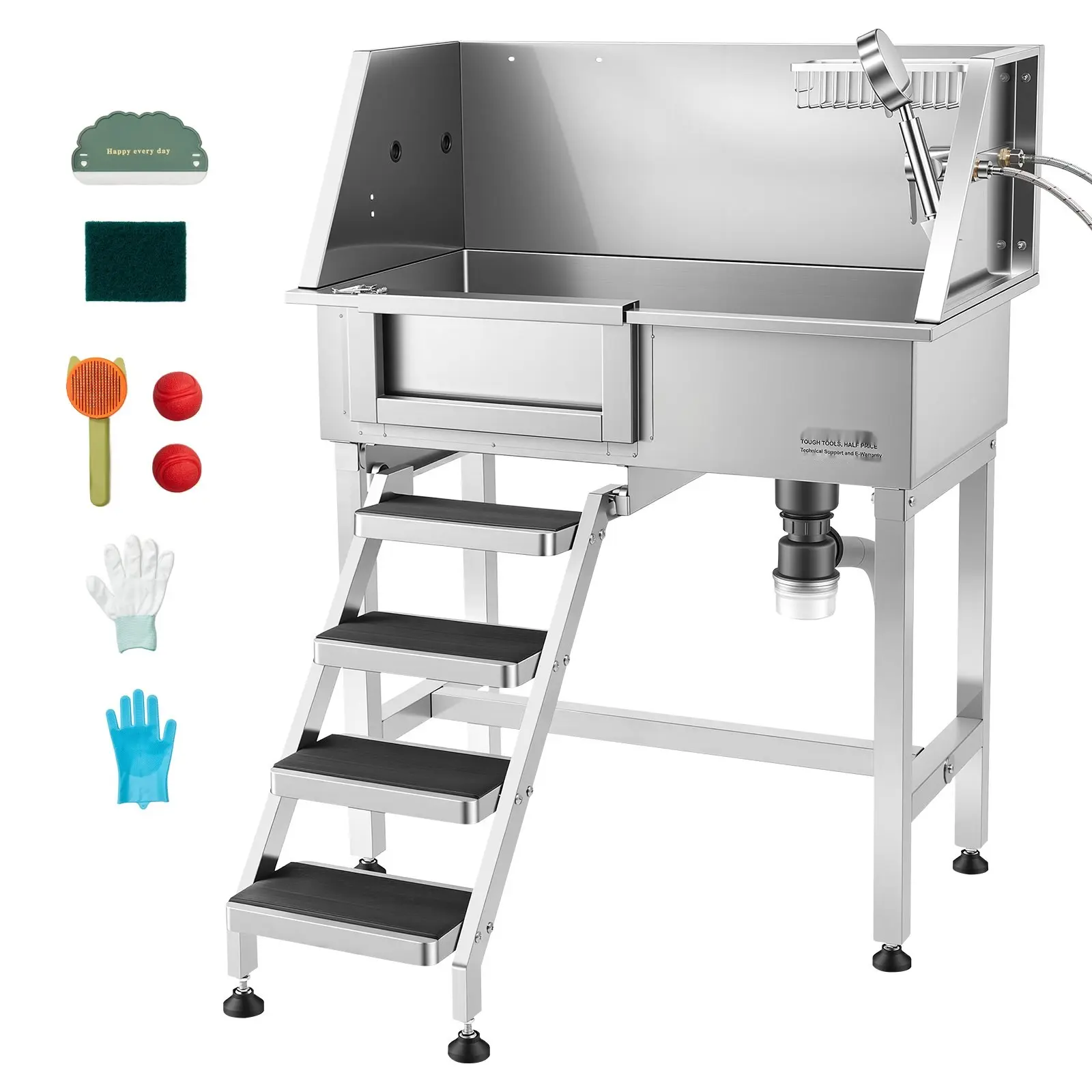 34-Inch Stainless Steel Dog Washing Station With Tub, Bathing Sink, And Shower Faucet — Professional Pet Grooming Tub For Small Dogs And Cats, Soap Holder, Non-Slip Stairs, Easy-Clean Design, Left Door Access