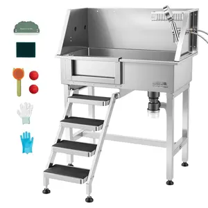 34-Inch Stainless Steel Dog Washing Station With Tub, Bathing Sink, And Shower Faucet — Professional Pet Grooming Tub For Small Dogs And Cats, Soap Holder, Non-Slip Stairs, Easy-Clean Design, Left Door Access
