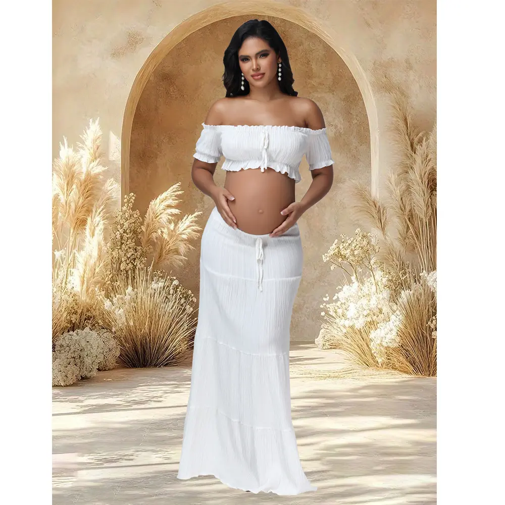 Women's Maternity 2-Piece Set - Off-Shoulder Ruffle Short Sleeve Top & Maxi Skirt, Boho Summer Maternity Clothing for Photoshoot, Pregnancy Clothes, Short Sleeve Tops