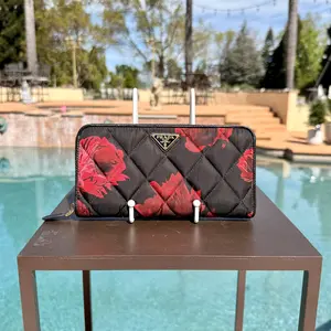 Pre-owned PRADA Nylon Small Leather Goods Red Flower Quilted Long Zippy Wallet