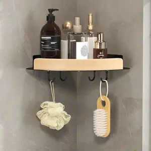 Wooden Bathroom Shelf with Hooks, No-Drill Wall Mount Organizer, Home Use Towel Ring Holder, Space-Saving Storage Solution