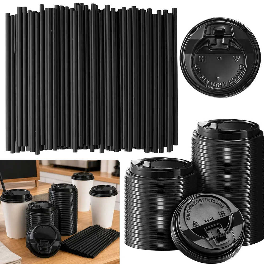 100 pcs plastic coffee cup lid, paired with 100 pcs straws, disposable plastic cup suitable for 10/12/16/24oz paper cups, suitable for dining events, parties, gatherings