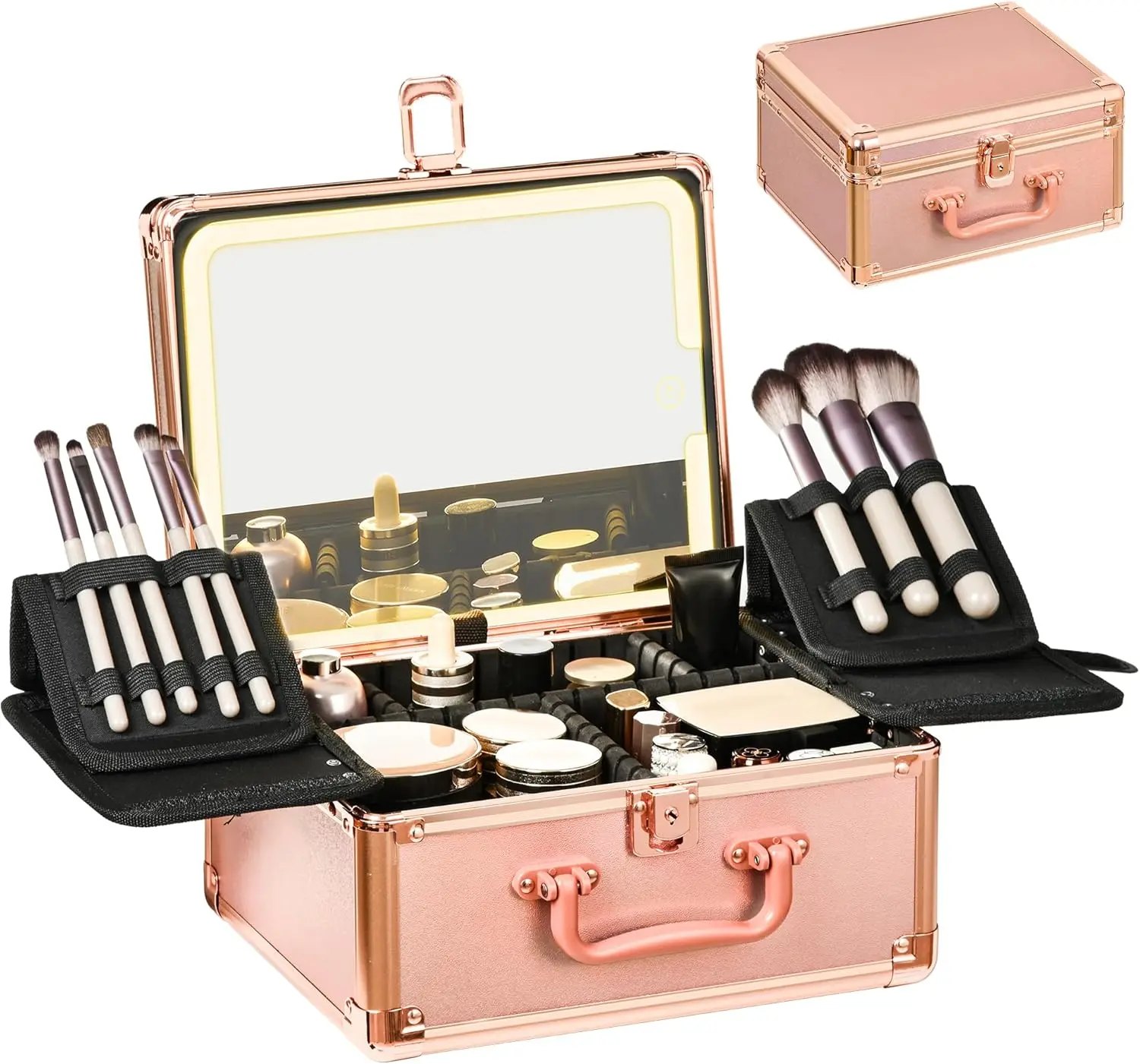 Makeup Case with Lighted Mirror, Makeup Box Organizer with Detachable LED Mirror, Travel Makeup  Case,   Organizer, Standing Brush Holder, , Rose