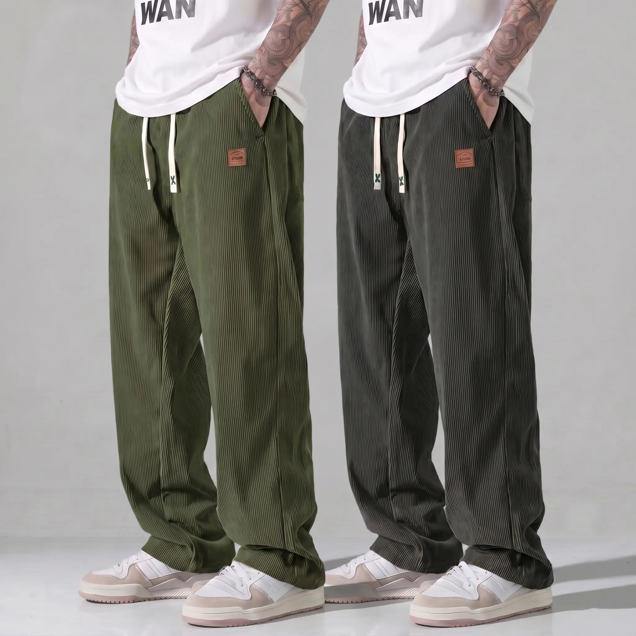 Men's Drapey Corduroy Casual Pants - Soft Skin-Friendly Menswear Fabric, Leather Tag Detail, Drawstring Elastic Waistband, Loose Straight Wide Legs for Curve Concealment & Taller Look