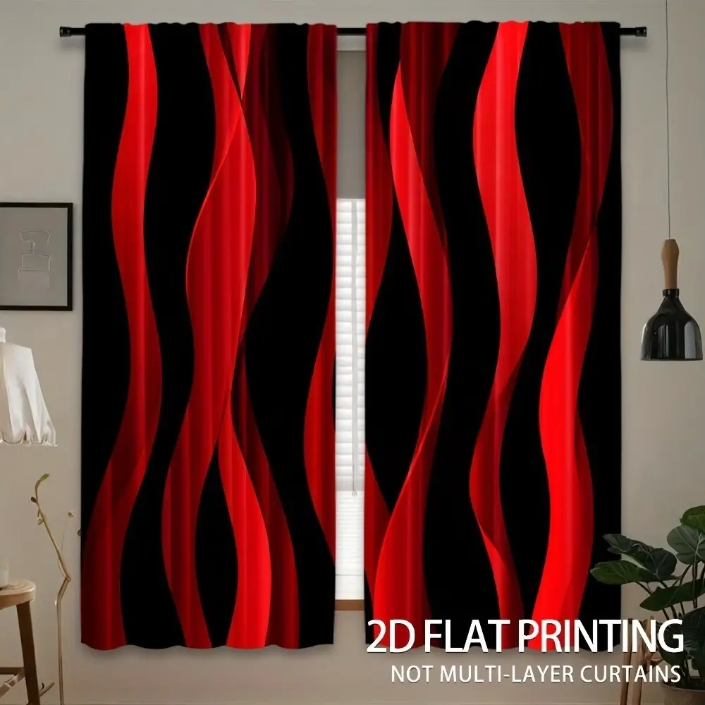 2-piece set of Cyber Red and Black Wave Pattern Window Curtain Polyester Fabric Transparent Rod Bag Design, Suitable for Living Room, Bedroom, Office - Machine Washable, Art Home and Festival Decoration, Window Drapes Home Decorative Curtain
