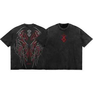 Vintage Washed Berserk Brand Of Sacrifice T-Shirt, Red Berserker Armor Anime Graphic Oversized Dark Streetwear