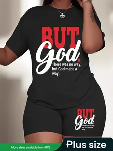 【Plus Size】 Two-Piece Set  Women's Plain But God Fitted Short Sleeve Tee & Skinny Shorts, Casual Round Neck T-shirt & Shorts for Daily Wear, Women's Two-piece for Summer