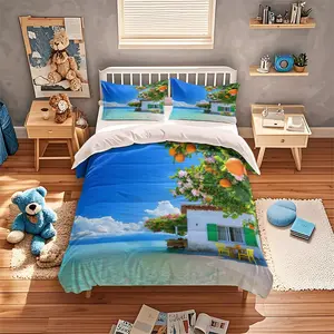 Coastal House Bedding Set, 1 Duvet Cover + 2 Pillowcases (no Fill), High-Definition Print, Home & Dormitory Bed Linen