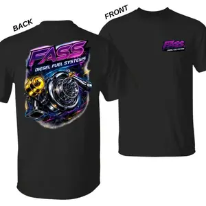 FASS Diesel Fuel Systems Chrome Turbocharger Graphic T-Shirt Neon Racing Performance Tee for Car Enthusiasts Streetwear Turbo Boost Outfit