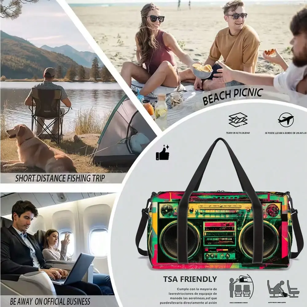 Retro Cassette Tape Print Duffel Bag, Gym Bag, Lightweight And Compact, Unisex, Suitable For Daily Fitness, Sports, And Short Trips.