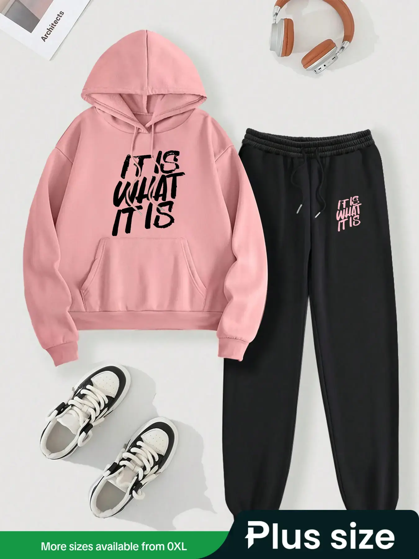 [Plus Size] Women's Letter Print Drop Shoulder Hoodie & Drawstring Waist Sweatpants Set, Streetwear Set, Casual Fashion Cozy Breathable Two-piece Outfits for Daily Workout Running, Women's Clothes for Fall & Winter, Womenswear, Cozy Lounge Set