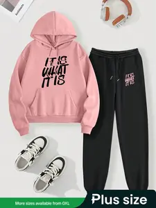 【Plus Size】 Women's Letter Print Drop Shoulder Hoodie & Drawstring Waist Sweatpants Set, Casual Fashion Cozy Breathable Two-piece Outfits for Daily Workout Running, Women's Clothes for Fall & Winter, Womenswear