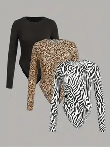 Women's Plain/Zebra Stripe/Leopard Print Long Sleeve Bodysuit, Casual Round Neck Bodysuit for Fall & Winter, Women's Clothes for Daily Wear