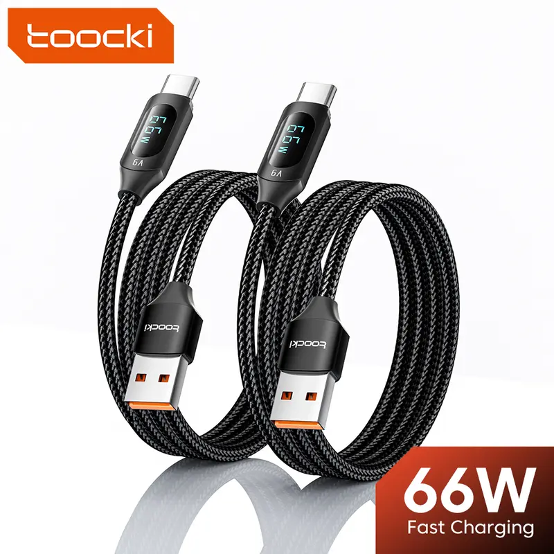 Toocki USB-A to USB-C Fast Charging Data Cable with Quick Charge Adapter, Dual Sync Port Combo, Digital Power Display, 66W Output, Dual Charging Modes, High-Speed Transfer, Black 1m/3.3ft/2m/6.6ft, 1PC/2PCS, for Cellphone (Samsung, OPPO, Vivo, Xiaomi)