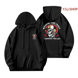 Y.S.J SHOP Black Hoodie with Skull Graphic "Working Like Crazy to Support the Lazy" Vintage Streetwear Pullover Front & Back Designs