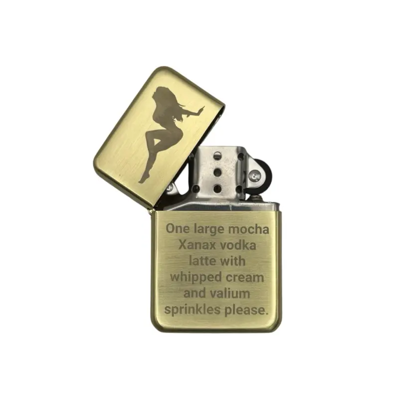 Funny Pinup Engraved Gold Flip Lighter Mocha Xanax Vodka Latte Valium Sprinkles Quote Windproof Refillable Adult Humor Gift Custom Engraving