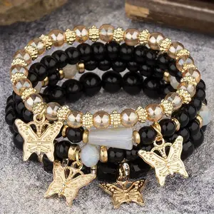 4Pcs Bohemian Elegant Women Bracelet Set Sparkling Butterfly Pendant Black Beads Bracelets Multi-layer Bead Fashion Elastic Bracelet, Charm Golden Butterfly Bead Bracelet, Fashionable Women's Jewelry Valentine's Day Gift