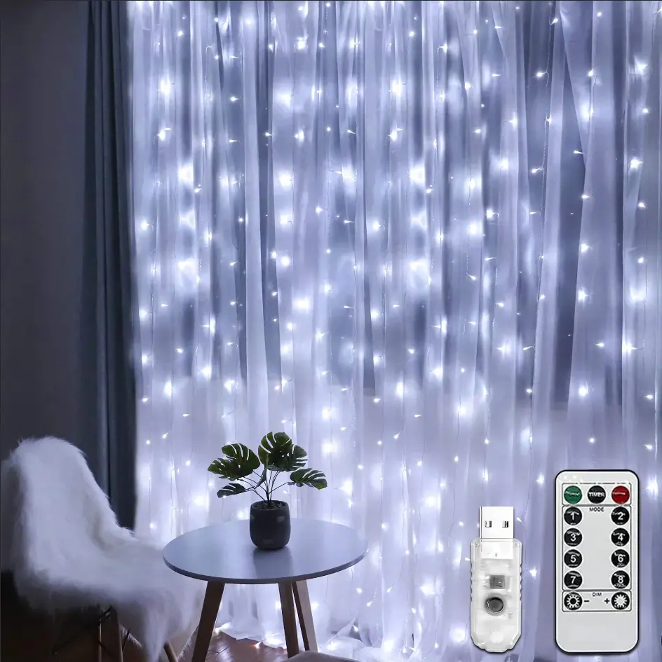 White LED Fairy Curtain Lights - 300-LED, 9.8x9.8 Ft, Remote Control, 8 Flashing Modes, USB Plug-in Universal Mobile Light Accessory for Bedroom Dorm Backdrop Indoor Use, Led Lights, Fairy Lights