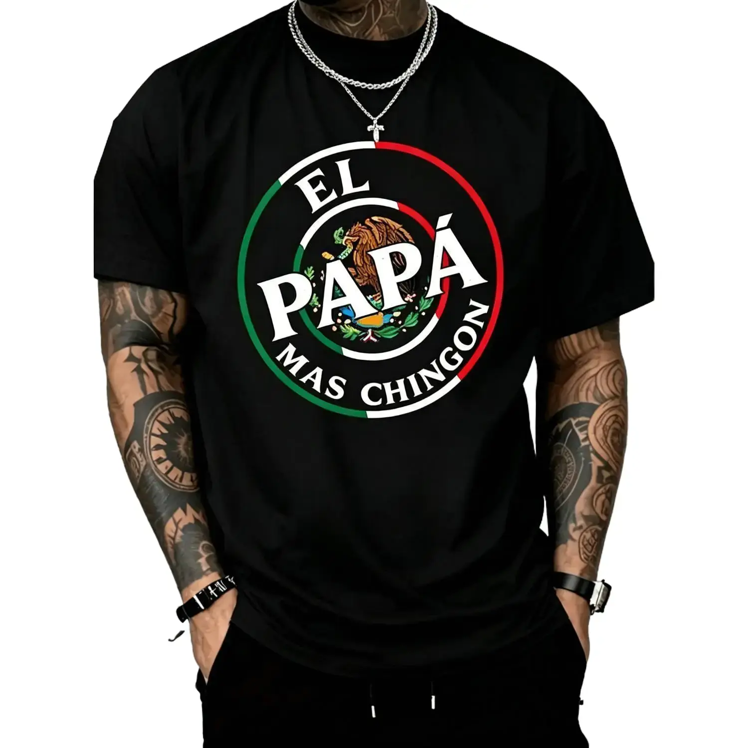 Father's Day El Papa Mas Chingon Funny Mexican Dad Premium T-shirt Funny men short sleeve graphic T-shirt series black huggy Streetwear Casual