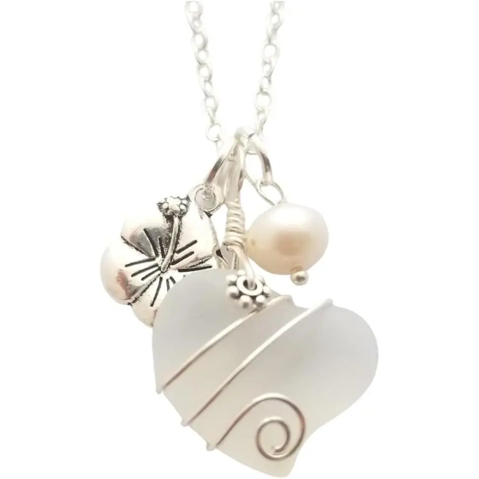 Handmade Sea Glass Necklace, Wire Heart Necklace, Charm and Pearl Necklace, Sea Glass Jewelry Birthday Gift For Women