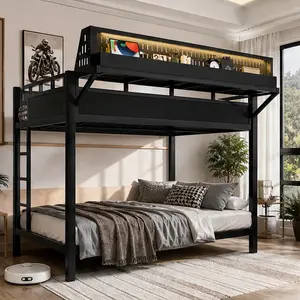 ARCH Full Size Metal Bunk Bed with Storage Shelves and Pegboard, Heavy Duty Bunk Bed Frame with USB Ports and LED Lights, Space Saving Twin over Full Loft Bed for Teens Adults, Black MDF+Metal, Full Size Options, Black Color Options