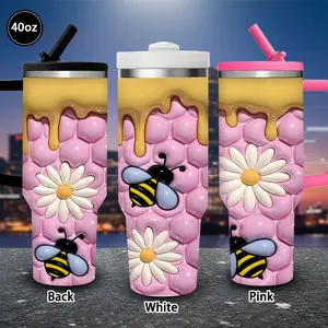1 pc 40 oz honeycomb bee daisy tumbler with lid and straw, winter insulated travel mug, gift for women and men, ideal for Valentine’s Day, Easter, birthday gifts, iced/hot coffee cup