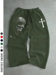 Men's Casual Sporty Long Pants, Jesus & Cross Pattern Print, Drawstring Wide Leg, Loose Fit, All Seasons, Natural Waist