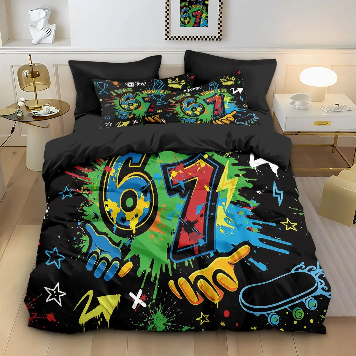 American Street "67" Graffiti Bedding Set 3PCS (1 Duvet Cover + 2 Pillowcases), Cool Skate Style Duvet Cover, Viral Number Bedroom Decor