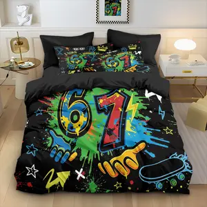 American Street "67" Graffiti Bedding Set 3PCS (1 Duvet Cover + 2 Pillowcases), Cool Skate Style Duvet Cover, Viral Number Bedroom Decor