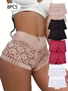 DORSU Women's Lace Trim Boyshorts 8 Pack (Pink/Black/Red/White): High Stretch Breathable Comfortable Briefs for Adult Female Daily Wear