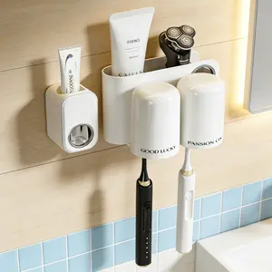 Automatic Toothpaste Dispenser Set, Cream White Wall-Mounted Toothbrush Holder, No-Drill Strong Adhesive Bathroom Organizer, Large Capacity Storage, Modern Elegant Bathroom Must-Have Accessories. home Must-Have .