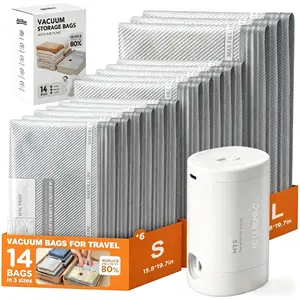 Cordless Travel Vacuum Bags Set - 14 Pack in 3 Sizes with Rechargeable Electric Pump - Waterproof Reusable Space Saver Compression Bags for Carry-On Suitcases, Vacuum Bags for Travel, Luggage & Clothes Storage - summervibes & Mother's Day Gift outdoorfun