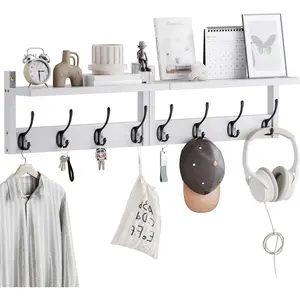 Coat Rack with Shelf Wall Mount, Entryway  Hanging Shelf, Set of 2, Wall Hook Rail for Hallway Decor, Storage Clothe, Hat, Robe, Key,  Leash (White+Black)
